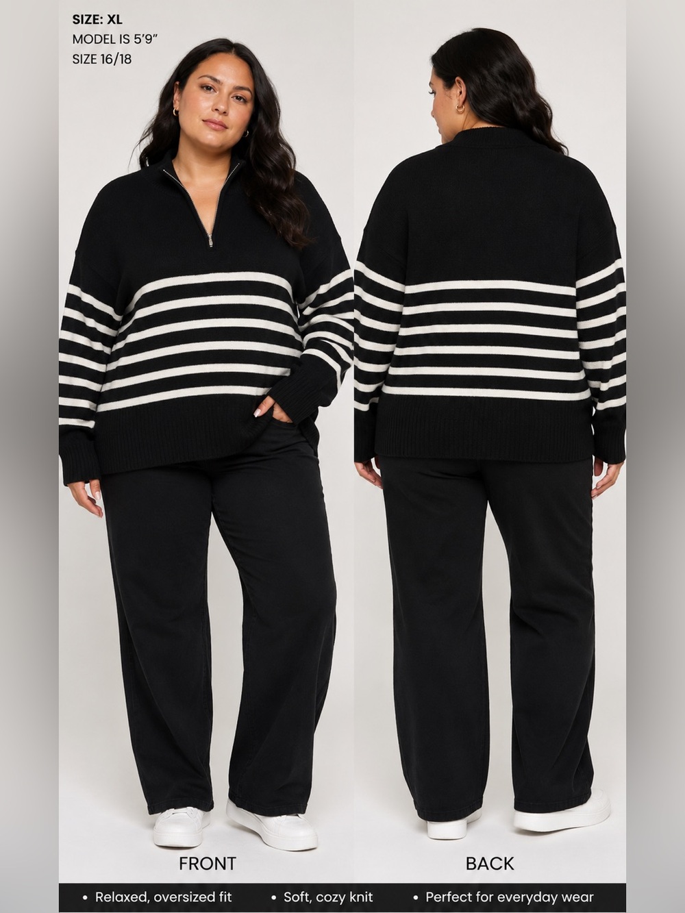 DKNY Black & White Striped Half-Zip Oversized Sweater